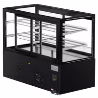 Commercial cake display fridge MADRID Self-Service - 530L - 1500mm - Double glazing - square - with 2 glass shelves - rear sliding doors - incl. night curtain - for patisserie - Black matt