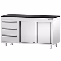 Rozsdamentes acél munkaszekrény PREMIUM – 1400x600 mm – 3 fiókkal bal oldalon – gránit munkalapmal
