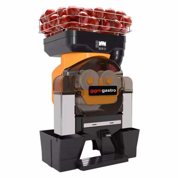 Otomatik Portakal Sıkma Makinesi - 550W - 55kg - 28 adet/dk, otomatik besleme, dijital kontrol, 75-90mm meyve çapı, yüksek verim %95-99, Push & Juice düğmesi - Turuncu