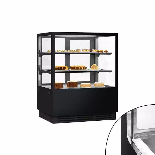 Commercial cake display fridge - 378L - 1000mm - Double glazing - square - mirrored front - with 2 glass shelves - rear sliding doors - for patisserie - Black