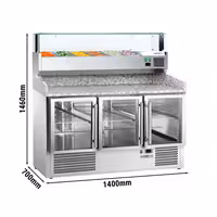 Table réfrigérée à pizza ECO - 1400x700 mm - avec 3 portes vitrées - incl. vitrine réfrigérée - 6x GN 1/4