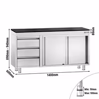 Rozsdamentes acél munkaszekrény PREMIUM – 1400x600 mm – 3 fiókkal bal oldalon – gránit munkalapmal