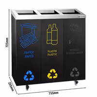 Ecoponto - Módulo de encastre - 3 compartimentos de 25L cada - 755x255x725mm - com rodas - 2 rodas com travão, autocolantes de separação incluídos - Preto/Prateado - Aço