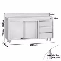 خزانة قاعدية ستانلس ستيل KOPENHAGEN ECO - 1400x700mm - مع أبواب منزلقة ووحدة أدراج 3 يمين و مع حاجز خلفي