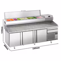 Stół chłodniczy do pizzy Premium PLUS – 2305 x 800 mm – z 3 drzwiami i 1 szufladą – wraz z witryną chłodniczą – 11 pojemników GN 1/4