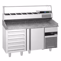 Stół chłodniczy do pizzy PREMIUM - 1550x800mm - z blatem granitowym - 1‑drzwiowy, 5 szuflad - z nadstawką chłodniczą z osłoną szklaną - 6x GN 1/3