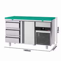 Rashladni pult PREMIUM - 1400x700 mm - 281 l - Boja Zelena - Ventilirano hlađenje - s 1 vrata - s 3 ladica - uklj. Ploča za rezanje Zelena
