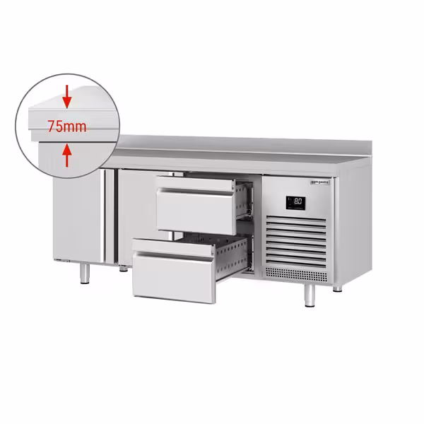 Külmtöölaud PREMIUM PLUS - 1960x700 mm - 465 l - ventileeritud jahutus - koos 2 uksega - Tagaserv - roostevabast terasest tööpind, tagaservaga