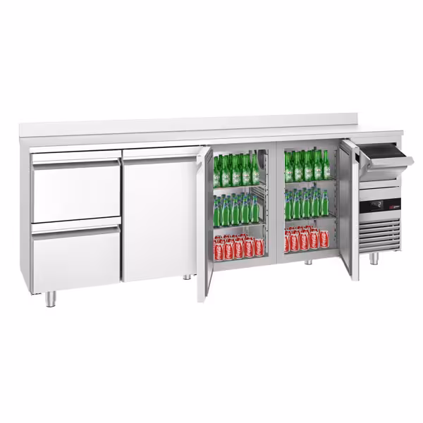 Stół chłodniczy barowy do napojów PREMIUM – 2690 x 600 mm – z 3 drzwiami, 2 szufladami, rantem i odbijakiem do kawy