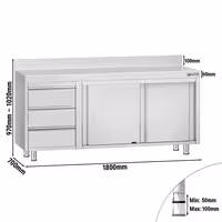 خزانة قاعدية ستانلس ستيل KOPENHAGEN ECO - 1800x700mm - مع وحدة أدراج 3 يسار، وأبواب منزلقة - مع حاجز خلفي