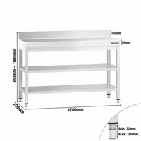 Mesa de trabalho em aço inoxidável PREMIUM - 1200x700mm - com prateleira inferior & com painel traseiro & com prateleira intermédia & com travessas de reforço