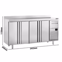 Stół chłodniczy barowy do napojów Premium PLUS – 2450 x 600 mm – z 4 drzwiami, rantem i odbijakiem do kawy