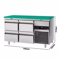 Rashladni pult PREMIUM - 1400x700 mm - 281 l - Boja Zelena - s 4 ladica - uklj. Ploča za rezanje Zelena - Ventilirano hlađenje