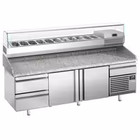 Table réfrigérée à pizza Premium PLUS - 2305x800 mm - avec 2 portes & 3 tiroirs - incl. vitrine réfrigérée pour ingrédients - 11x GN 1/4