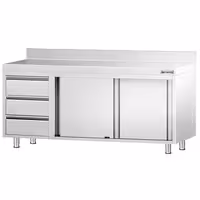 خزانة قاعدية ستانلس ستيل KOPENHAGEN PREMIUM - 2000x600mm - أبواب منزلقة، وحدة أدراج 3 يسار - مع حاجز خلفي