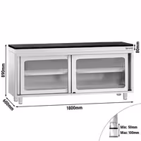 Rozsdamentes acél munkaszekrény PREMIUM – 1800x600 mm – üveges tolóajtóval – gránit munkalapmal