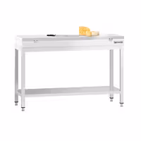 Mesa de trabajo de acero inoxidable | central PREMIUM - 1200x700mm - con estante inferior y refuerzo omega - con tabla de corte blanca