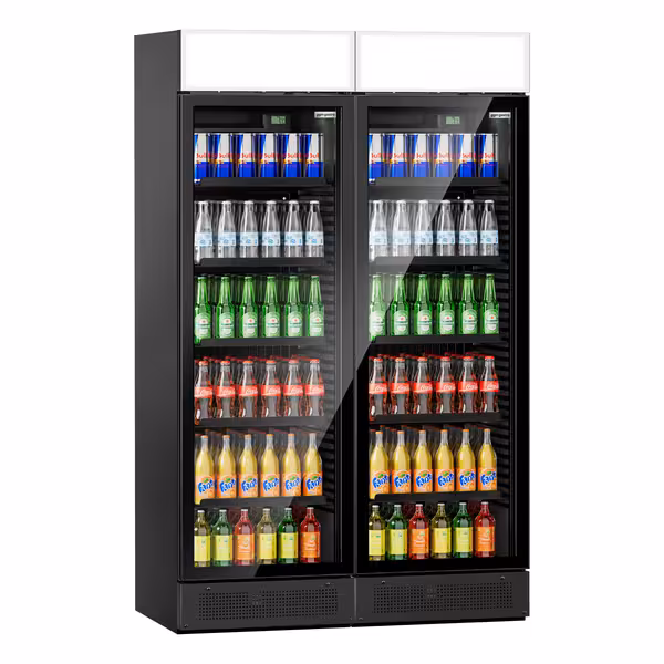 (2 buc) Vitrină frigorifică pentru băuturi - 1190 mm - 345 litri - afișaj digital - ușă panoramică fără ramă - cu 2 uși din sticlă batante & panou promoțional - temperatură +2/+10 °C - negru
