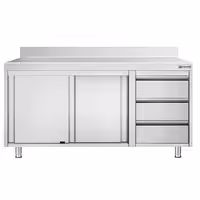 خزانة قاعدية ستانلس ستيل PREMIUM - 1600x600mm - مع أبواب منزلقة ووحدة أدراج 3 يمين - مع حاجز خلفي