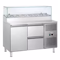 Stół przygotowawczy ECO – 1360 mm – z 1 drzwiami i 2 szufladami – z nadstawką szklaną na 7x GN 1/3