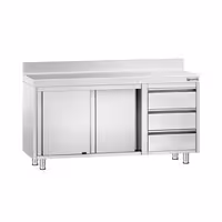 خزانة قاعدية ستانلس ستيل KOPENHAGEN PREMIUM - 1400x700mm - أبواب منزلقة، ووحدة أدراج 3 يمين - مع حاجز خلفي