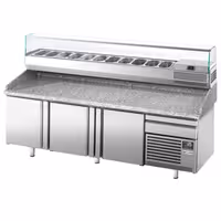 Table réfrigérée à pizza Premium PLUS - 2305x800 mm - avec 3 portes & 1 tiroir - incl. vitrine réfrigérée - 11x GN 1/4
