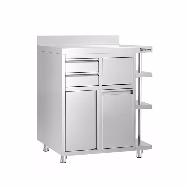 Çalışma dolabı - kahve makinesi için - 1000x600 mm - 1 kanatlı kapı, 2 çekmece, çöp kutusu, 3 raf ve kenar çıkıntısı ile