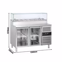 Stół przygotowawczy PREMIUM – 1360 mm – z 2 drzwiami szklanymi – z nadstawką szklaną na 7x GN 1/3