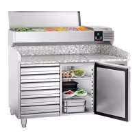 Stół chłodniczy do pizzy PREMIUM - 1500x800mm - z blatem granitowym - 1‑drzwiowy, 7 szuflad - z nadstawką chłodniczą - 7x GN 1/4