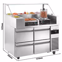 Commercial Mobile Refrigerated Prep Table - 1210x700mm - 4 Drawers - for 9x GN 1/6 - incl. Sausage Grill / Hot Dog Grill & Warmer