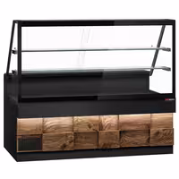 Csemegepult TORONTO - 2000x880 mm - 568 liter - ventilációs - dupla üvegezés - fa borítású természetes fa dekor - 2 polccal - fekete gránit munkalap