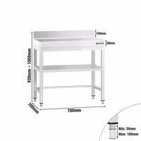 Rozsdamentes acél munkaasztal PREMIUM - 700x700 mm - alsó polccal & hátsó peremmel & lábösszekötővel