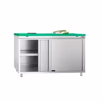 Arbetskåp i rostfritt stål PREMIUM - 1400x600 mm - med 2 skjutdörrar - inkl. skärbräda grön