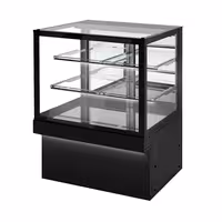 Commercial cake display fridge TORONTO - 1300mm - Double glazing - square - with 3 shelves - rear sliding mirrored glass doors - black front