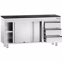 Rozsdamentes acél munkaszekrény PREMIUM – 1600x700 mm – 3 fiókkal a jobb oldalon – gránit munkalapmal