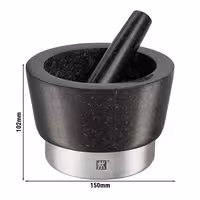 (2 pieces) ZWILLING | Granite Mortar & Pestle Ø150 mm – Non-slip Feet - 18/10 Stainless Ring - Black