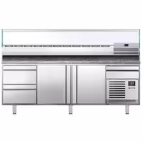 Table réfrigérée à pizza Premium PLUS - 2305x800 mm - avec 2 portes & 3 tiroirs - incl. vitrine réfrigérée pour ingrédients - 11x GN 1/4