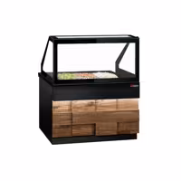 Saladette refrigerata professionale TORONTO - 1250mm - rivestimento frontale in legno - 2 porte - con vetrina in vetro dritto per 3x GN 1/1, 1 ripiano - piano di lavoro in granito nero