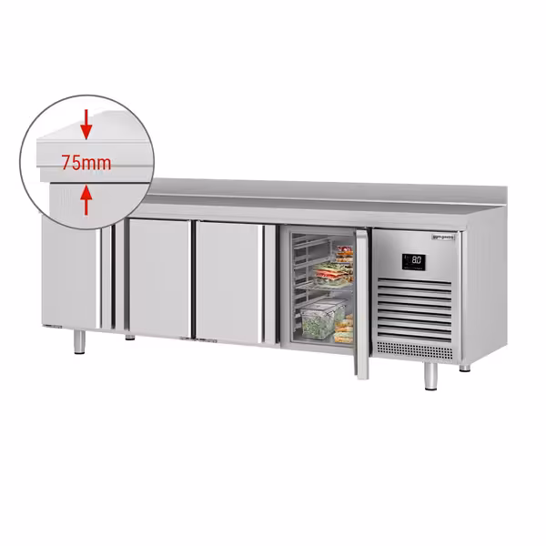 Külmtöölaud PREMIUM PLUS - 2452x700 mm - 625 l - ventileeritud jahutus - koos 4 uksega - roostevabast terasest tööpind tagaservaga