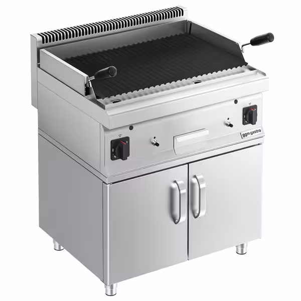 Lávaköves gázgrill - 14 kW - Billenthető grillrács - Asztali kivitel - inkl. alsó szekrény 2 ajtóval