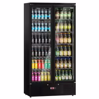 Commercial Beverage Display Fridge - 920mm - 466 Litres - stainless steel interior - with 2 hinged glass doors - digital controller with temperature display - Black - Temperature range 2 to 8 °C