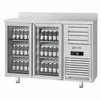 Stół chłodniczy barowy do napojów Premium PLUS SUPERCOOLER – stal nierdzewna – 1475 x 700 mm – z 2 drzwiami szklanymi i rantem