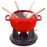 STAUB | Cast Iron Fondue Set – Ø 18 cm - Cherry Red - 6 Forks, Burner, Board
