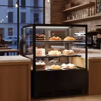 Commercial cake display fridge - 378L - 1000mm - Double glazing - square - mirrored front - with 2 glass shelves - rear sliding doors - for patisserie - Black