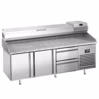 Pizzapult PREMIUM PLUS - 1980x700 mm - 2 ajtó + 2 fiók - feltéthűtővel - 9x GN 1/4 - gránit munkalappal