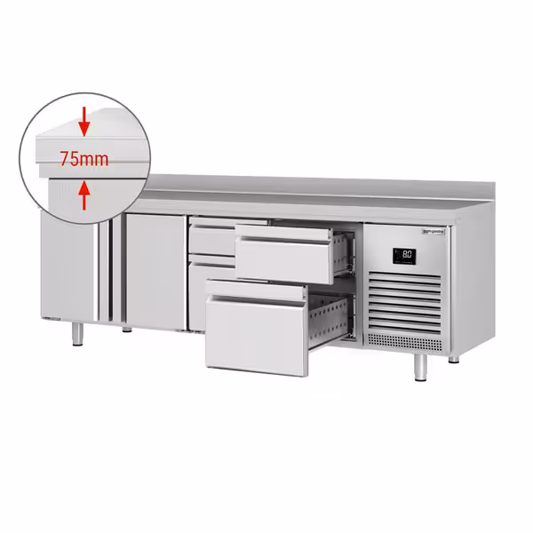 Commercial Counter Fridge PREMIUM PLUS - 2452x700mm - with 2 doors - 4 drawers [1/2 GN] - with upstand - capacity 625 litres