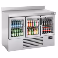 Stół chłodniczy barowy do napojów Premium PLUS – 1460 x 700 mm – z 3 drzwiami szklanymi – z rantem