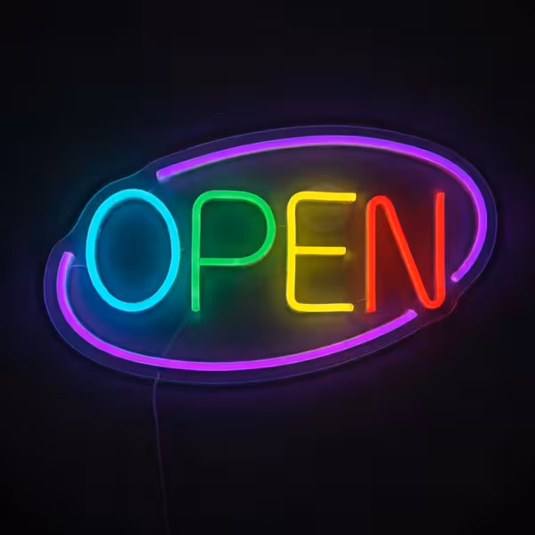 LED illuminated sign - OPEN - dimmable - Magenta/Multi-colour - 420x250mm