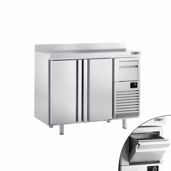 Stół chłodniczy barowy do napojów Premium PLUS – 1470 x 600 mm – z 2 drzwiami, rantem i odbijakiem do kawy