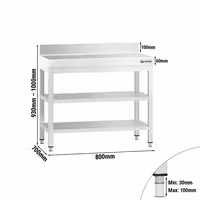 Mesa de trabalho em aço inoxidável PREMIUM - Profissional - 800x700mm - com prateleira inferior & com painel traseiro & com prateleira intermédia & com travessas de reforço